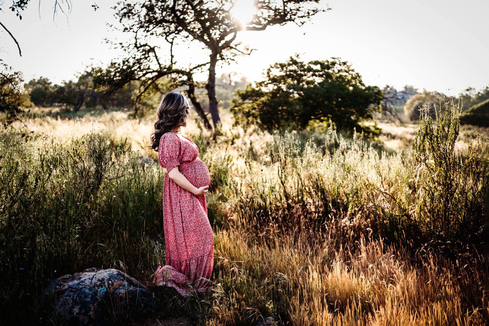 A pregnant woman in a pink dress standing in a field of tall grass and looking off into the distance during a San Diego lifestyle maternity session by Love Michelle Photography.