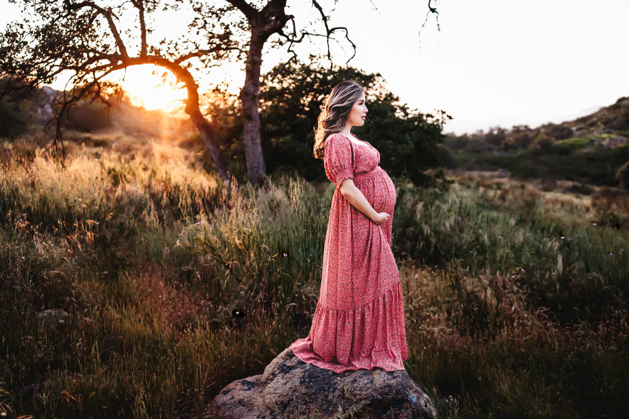 A pregnant woman in a pink dress standing on a rock and looking off into the distance during a San Diego lifestyle maternity session by Love Michelle Photography. 