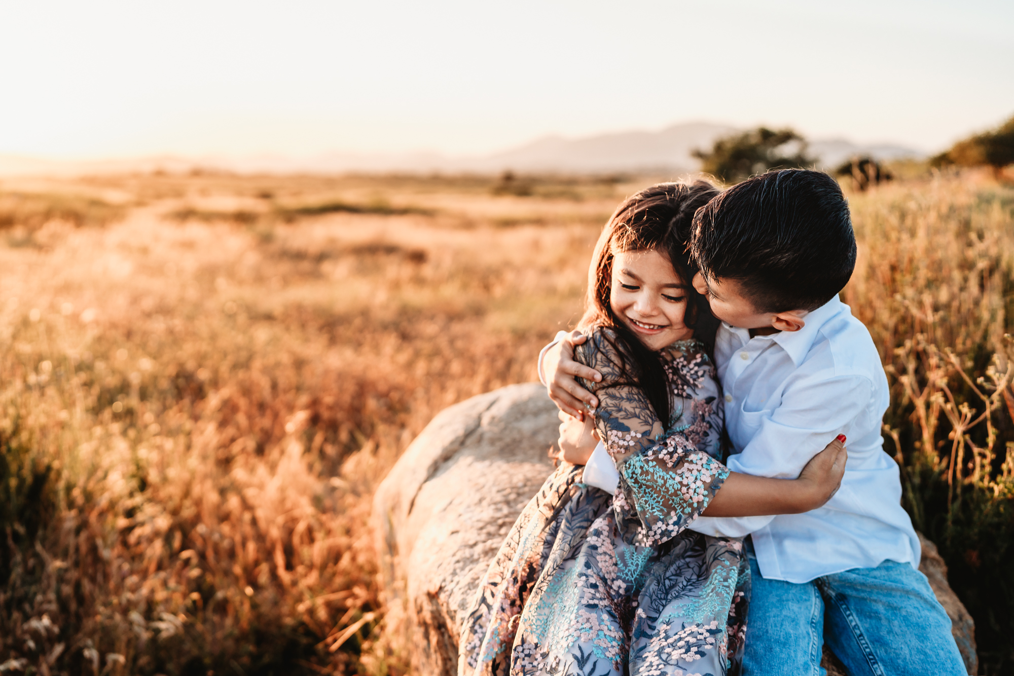 A 9 year old boy and his little sister sit on a rock and embrace each other during a family photo session in Alpine, CA. 