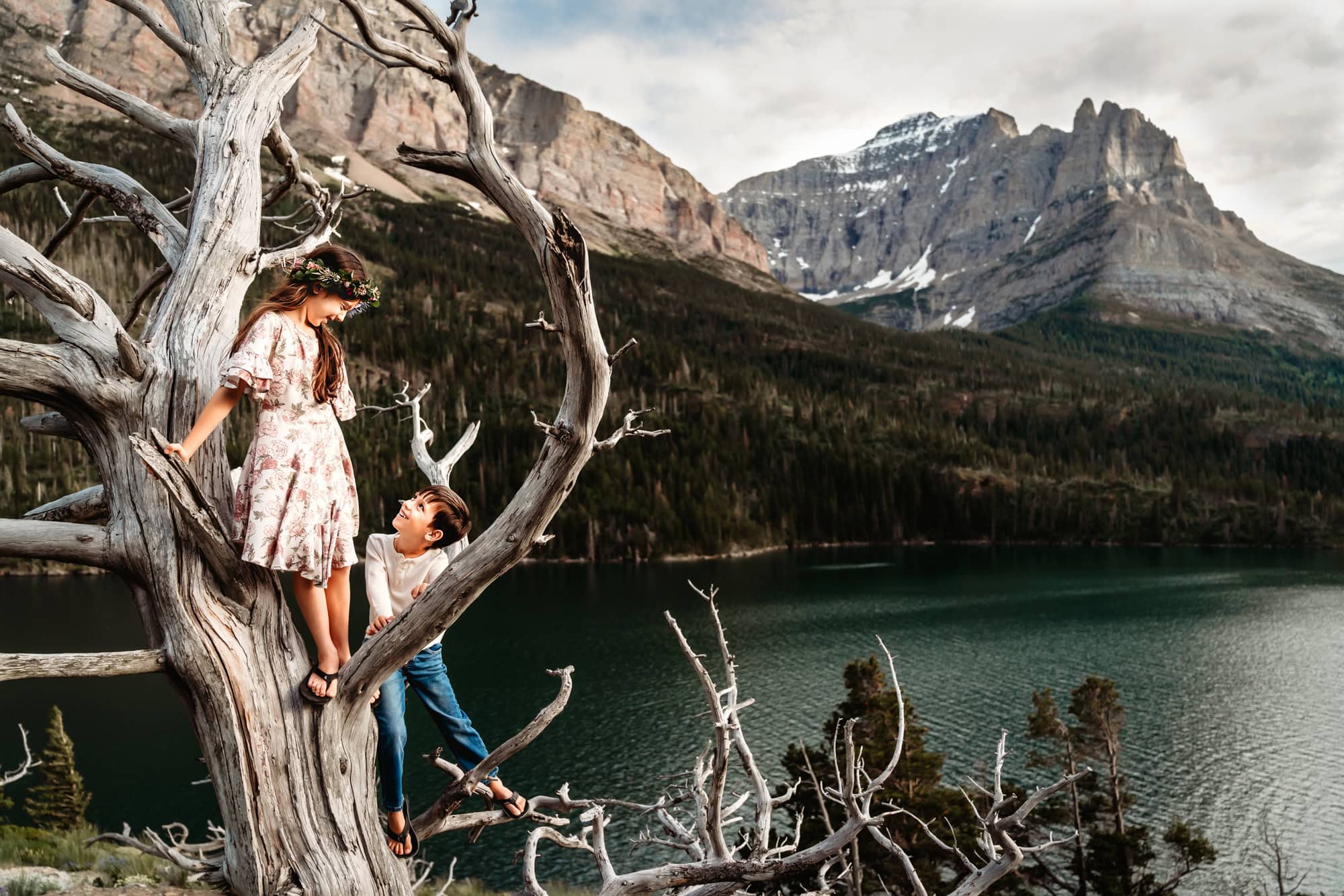 A young brother and sister have climbed a bare-limbed tree on a hill above Glacier's St. Mary's Lake and are smiling at each other. 