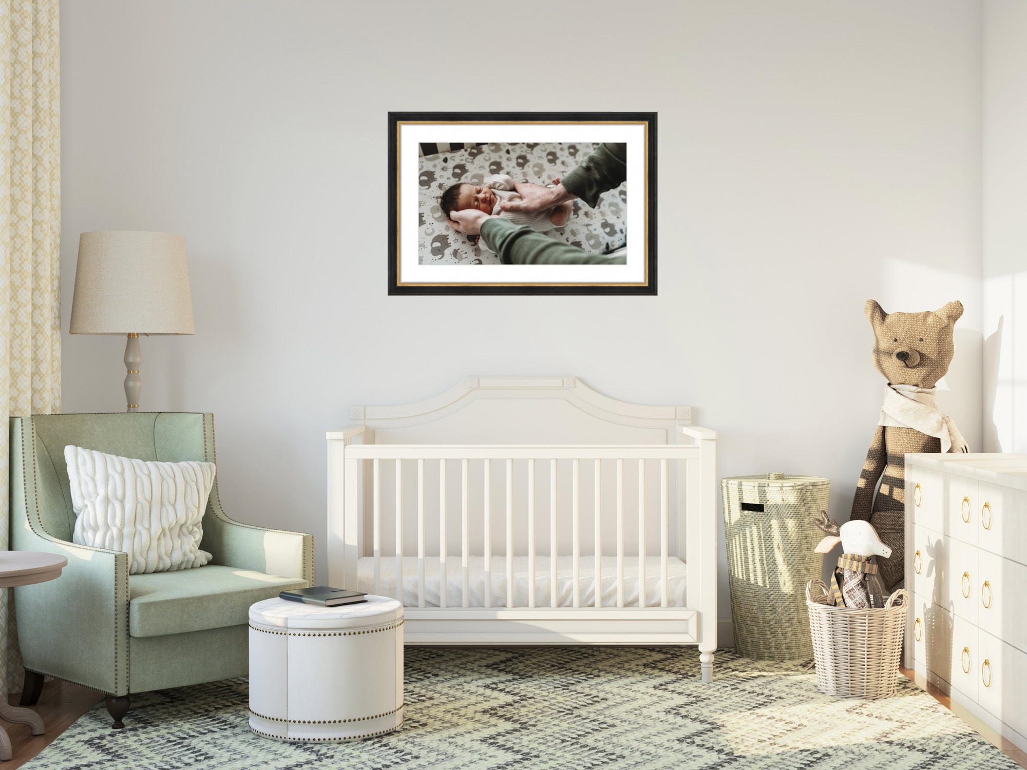 Framed newborn photograph in a cozy San Diego nursery, illustrating how printed wall art adds love and personality to your baby’s room.